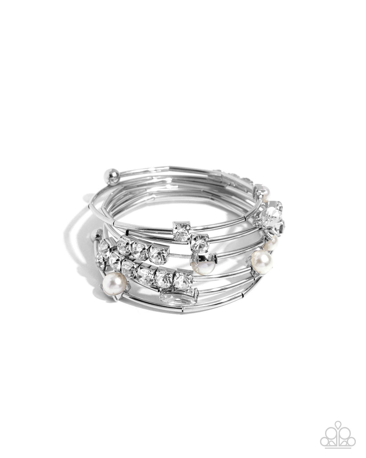Showtime Sparkle White Rhinestone & Pearl Coil Bracelet - Paparazzi Accessories- lightbox - CarasShop.com - Paparazzi Jewelry by Cara Jewels