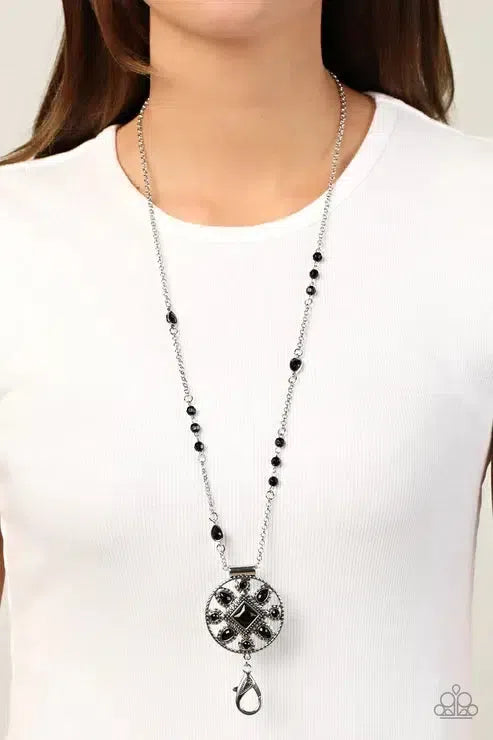 Sierra Showroom Black Lanyard Necklace - Paparazzi Accessories-on model - CarasShop.com - Paparazzi Jewelry by Cara Jewels