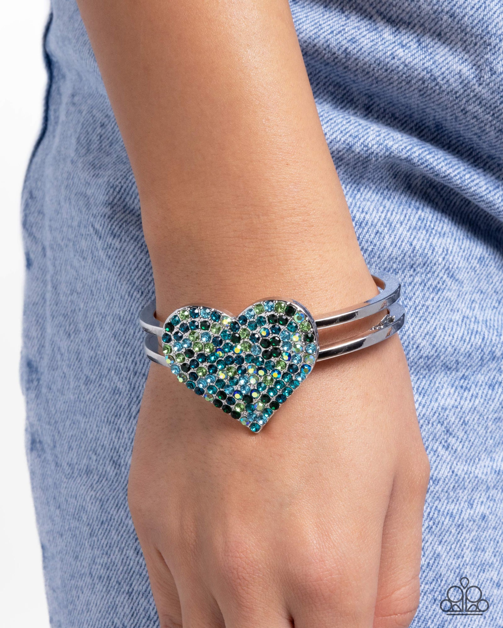 Significant Shimmer Green & Blue Rhinestone Heart Bracelet - Paparazzi Accessories- lightbox - CarasShop.com - Paparazzi Jewelry by Cara Jewels