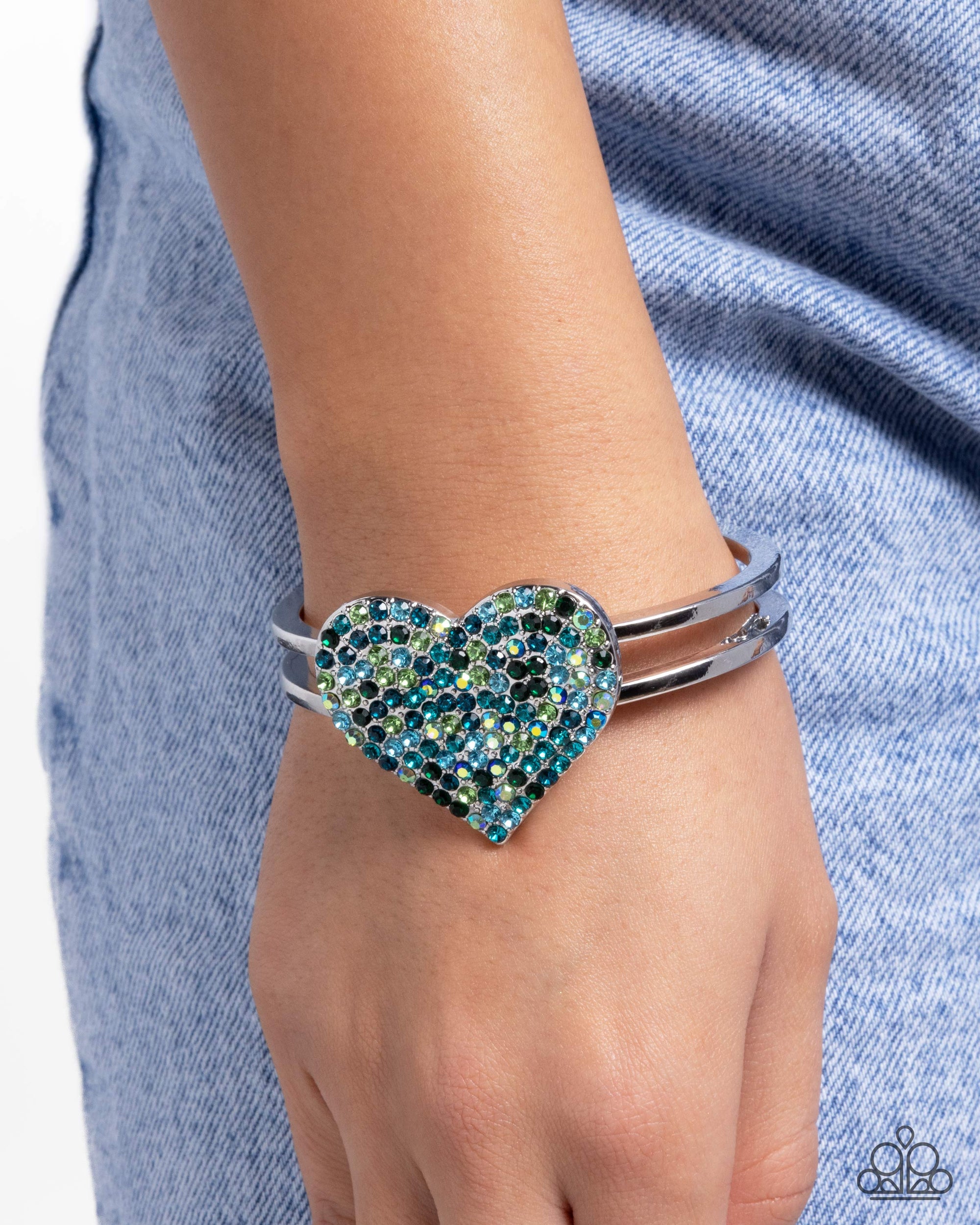 Significant Shimmer Green & Blue Rhinestone Heart Bracelet - Paparazzi Accessories- lightbox - CarasShop.com - Paparazzi Jewelry by Cara Jewels