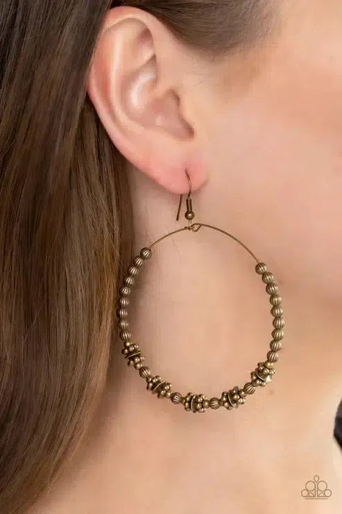 Simple Synchrony Brass Earrings - Paparazzi Accessories-on model - CarasShop.com - Paparazzi Jewelry by Cara Jewels
