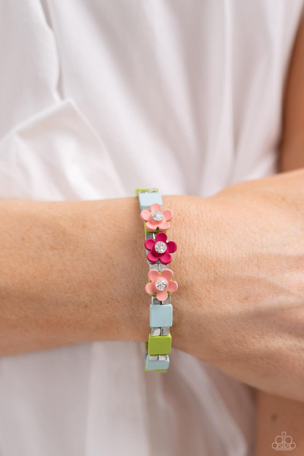 Sincerely Springtime Multi Floral Bracelet - Paparazzi Accessories- on model - CarasShop.com - Paparazzi Jewelry by Cara Jewels