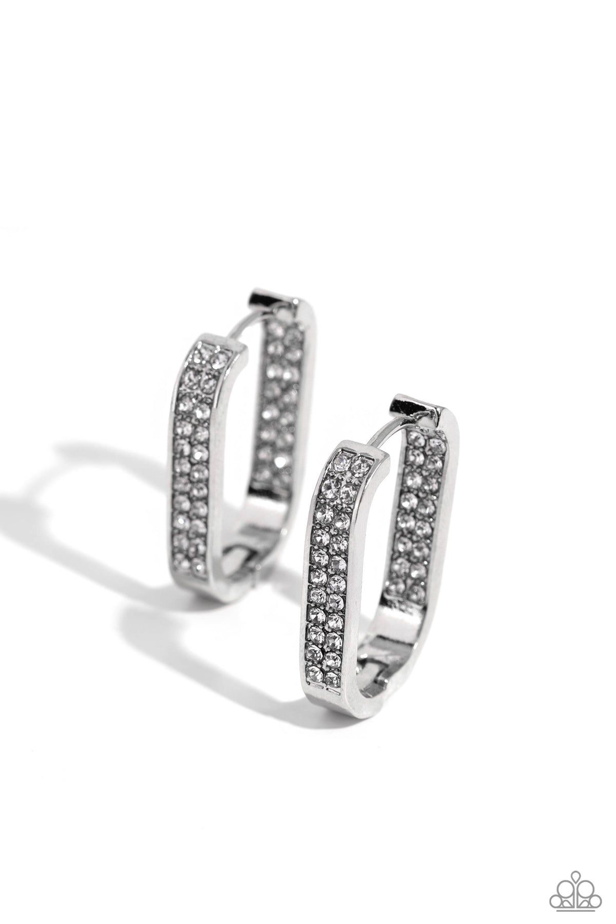 Sinuous Silhouettes White Rhinestone Hinge Hoop Earrings - Paparazzi Accessories- lightbox - CarasShop.com - Paparazzi Jewelry by Cara Jewels
