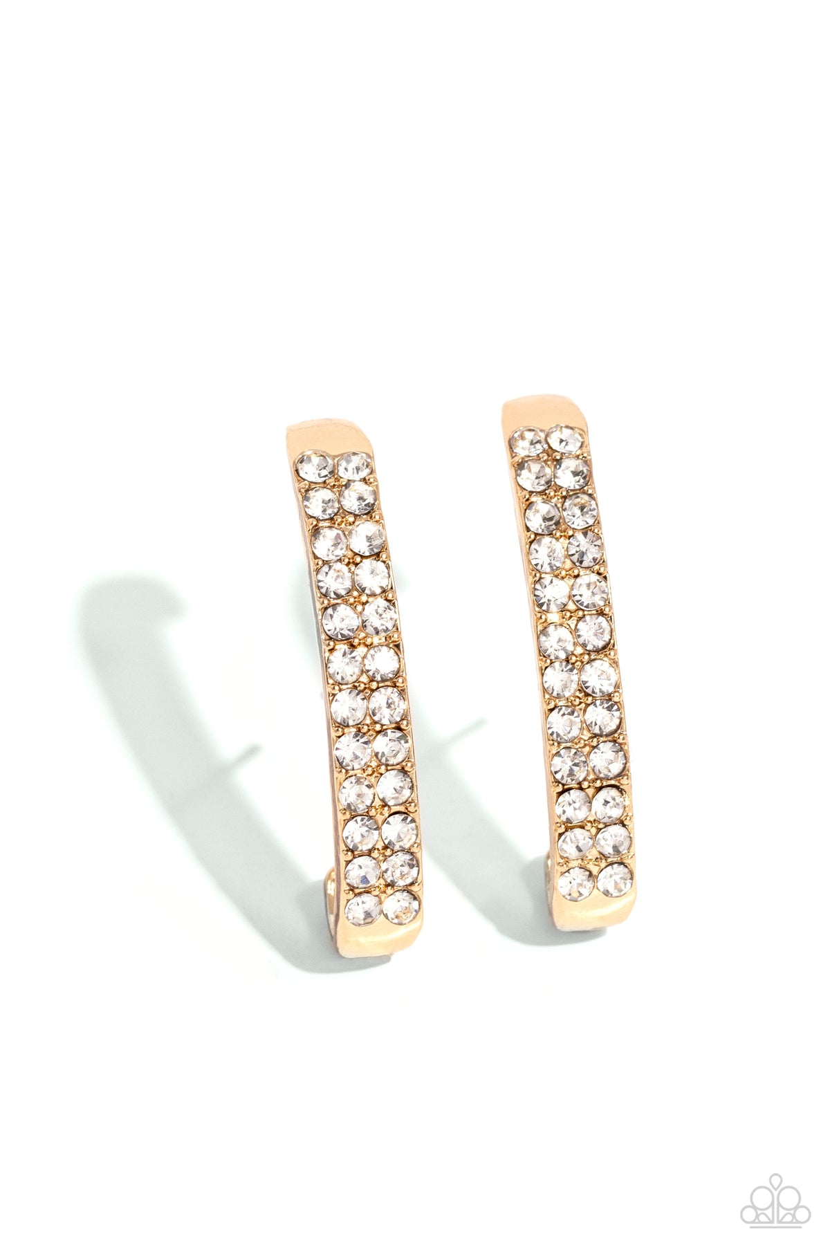 Sliding Series Gold & White Rhinestone Adjustable Illusion Post Earrings - Paparazzi Accessories- lightbox - CarasShop.com - Paparazzi Jewelry by Cara Jewels