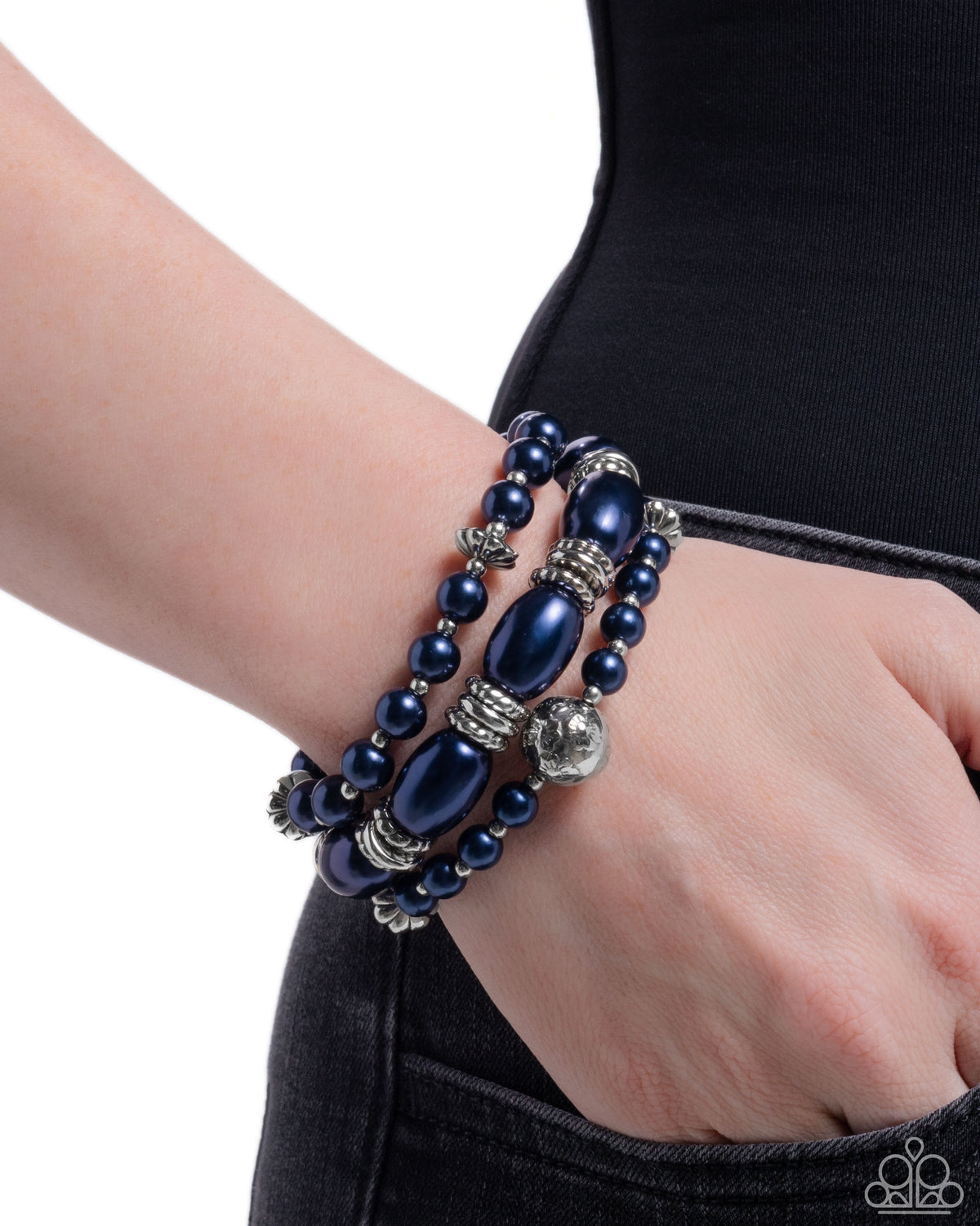 Smooth Stacks Navy Blue Pearl Bracelet - Paparazzi Accessories- on model - CarasShop.com - Paparazzi Jewelry by Cara Jewels