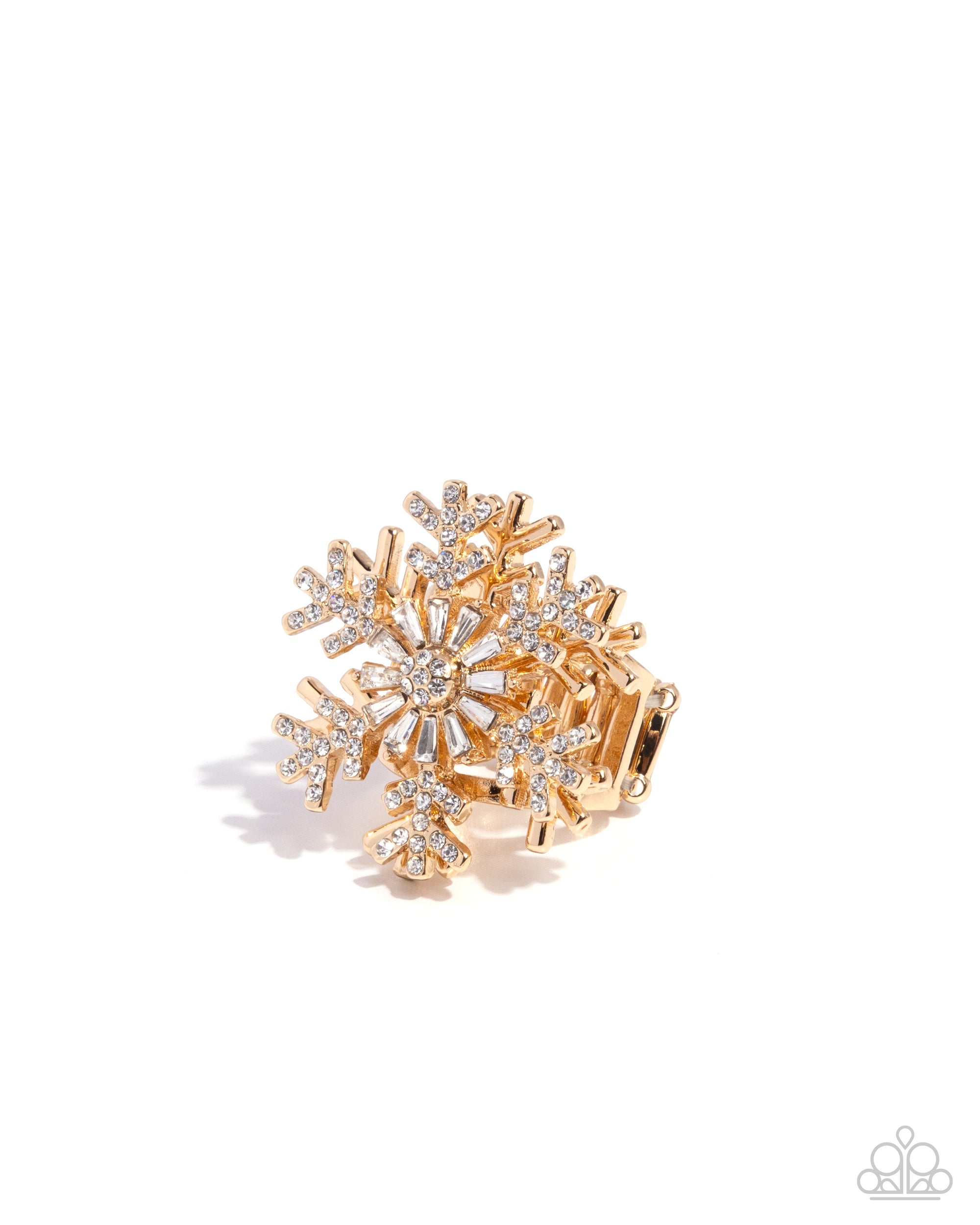 Snowflake Sensation Gold & White Rhinestone Ring - Paparazzi Accessories- lightbox - CarasShop.com - Paparazzi Jewelry by Cara Jewels