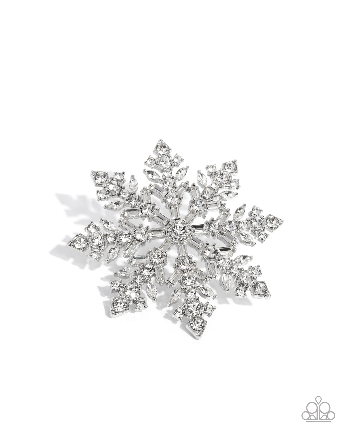 Snowflake Solstice White Rhinestone Brooch - Paparazzi Accessories- lightbox - CarasShop.com - Paparazzi Jewelry by Cara Jewels