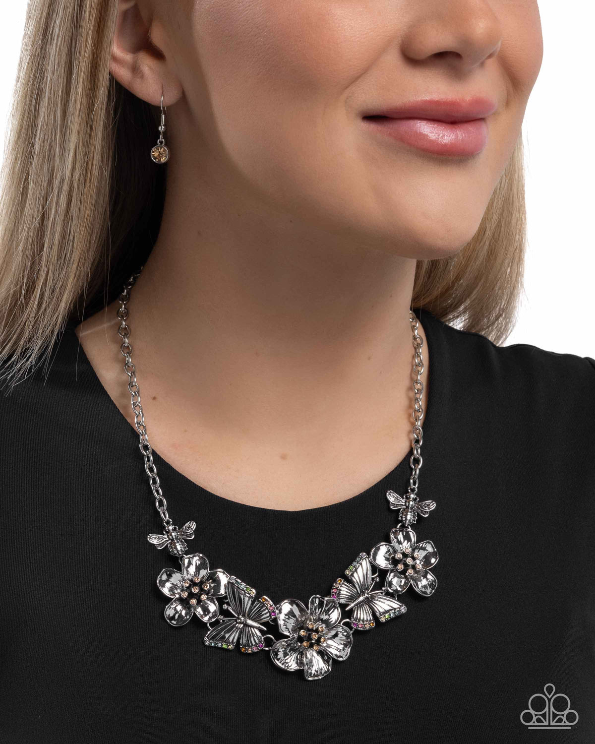 Soaring Song Multi Flower & Butterfly Necklace - Paparazzi Accessories- on model - CarasShop.com - Paparazzi Jewelry by Cara Jewels