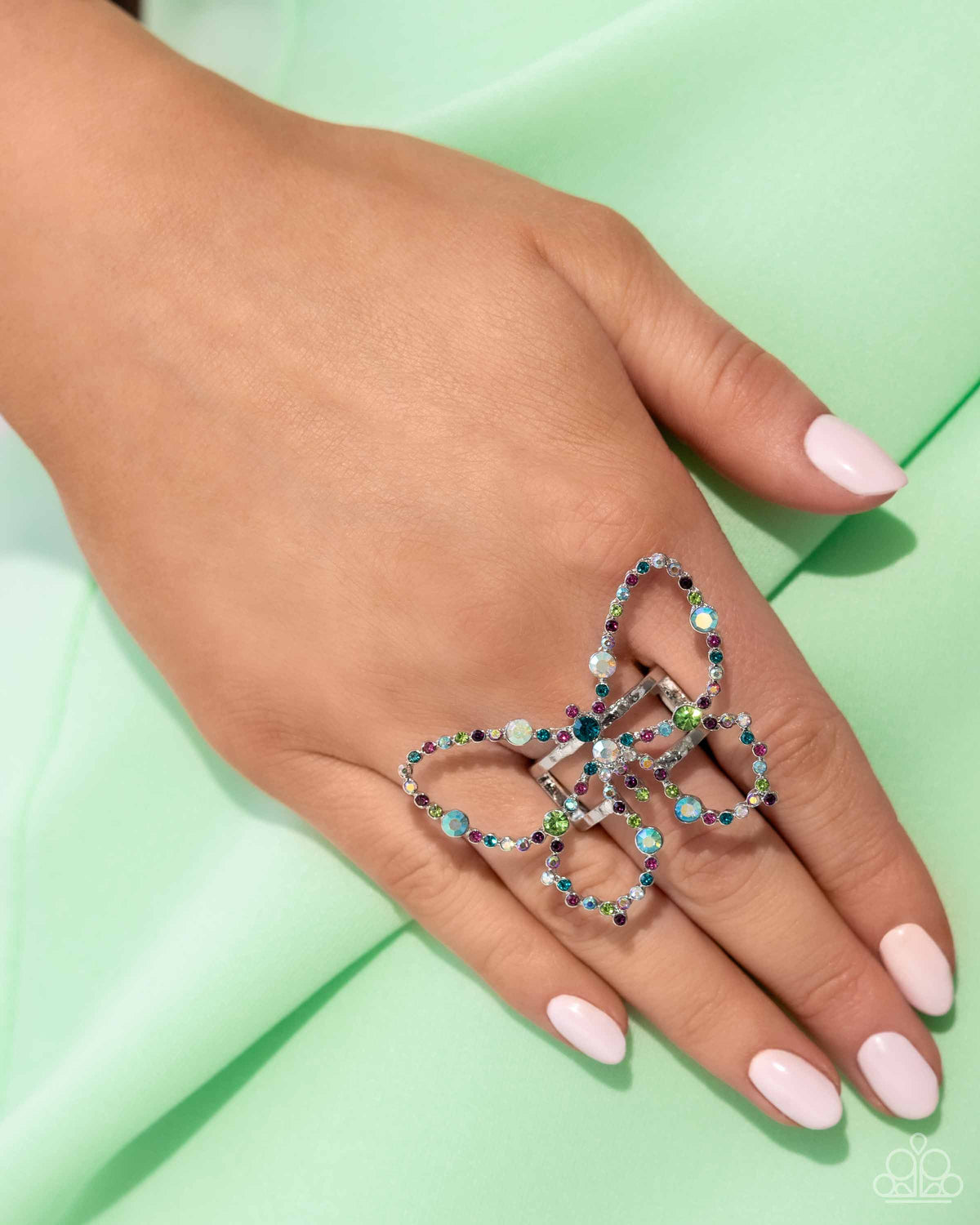 Soaring Sprinkles Multi Rhinestone Butterfly Ring - Paparazzi Accessories- on model - CarasShop.com - Paparazzi Jewelry by Cara Jewels
