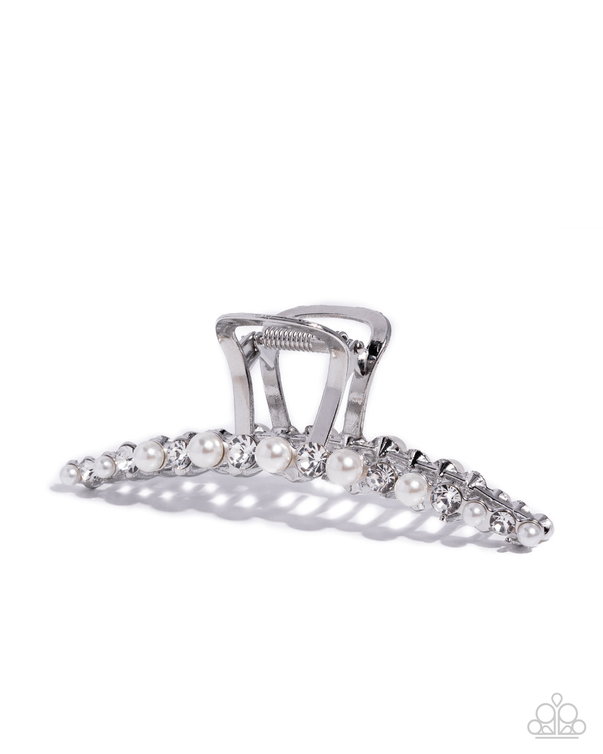 Social Shimmer White Pearl & Rhinestone Hair Clip - Paparazzi Accessories- lightbox - CarasShop.com - Paparazzi Jewelry by Cara Jewels