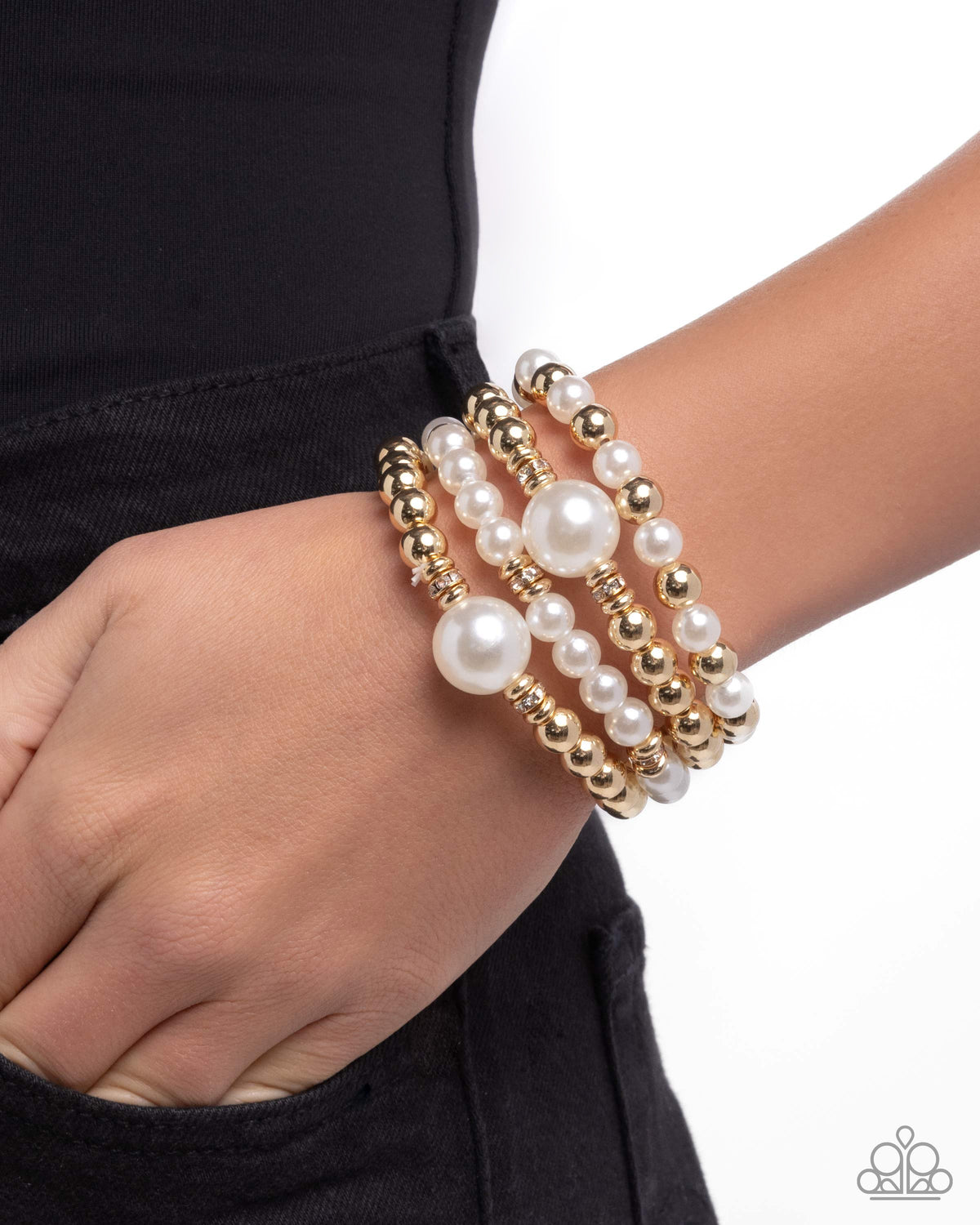 Soft Sonata Gold & White Pearl Bracelet - Paparazzi Accessories-on model - CarasShop.com - Paparazzi Jewelry by Cara Jewels