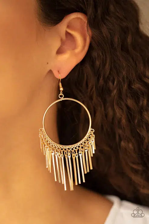 SOL Food Gold Earrings - Paparazzi Accessories- on model - CarasShop.com - Paparazzi Jewelry by Cara Jewels