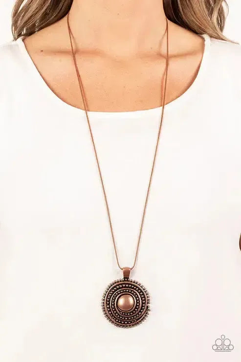 Solar Swirl Copper Necklace - Paparazzi Accessories- on model - CarasShop.com - Paparazzi Jewelry by Cara Jewels