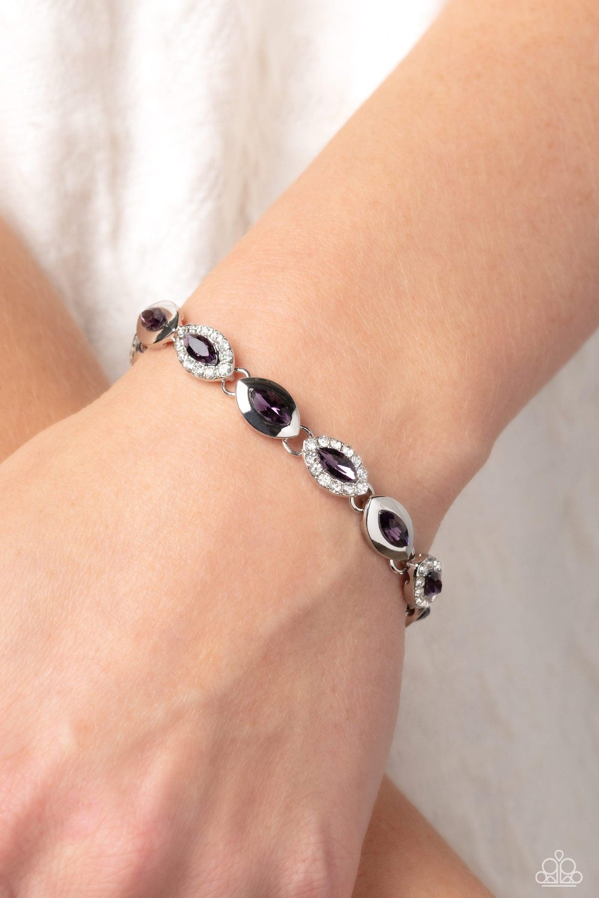 Some Serious Sparkle Purple Rhinestone Bracelet - Paparazzi Accessories- on model - CarasShop.com - Paparazzi Jewelry by Cara Jewels