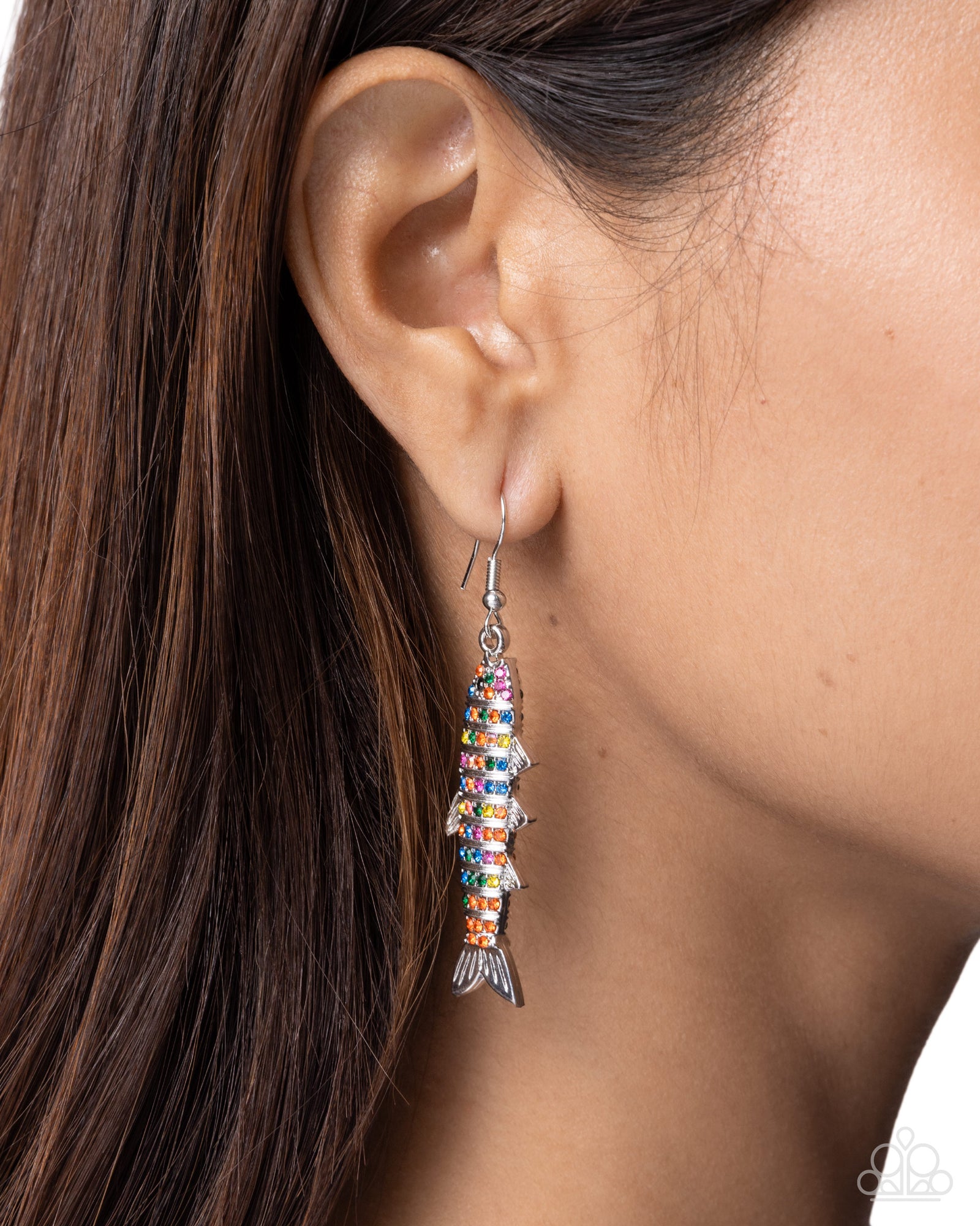 Sophisticated Sardine Multi Orange Rhinestone Fish Earrings - Paparazzi Accessories- lightbox - CarasShop.com - Paparazzi Jewelry by Cara Jewels