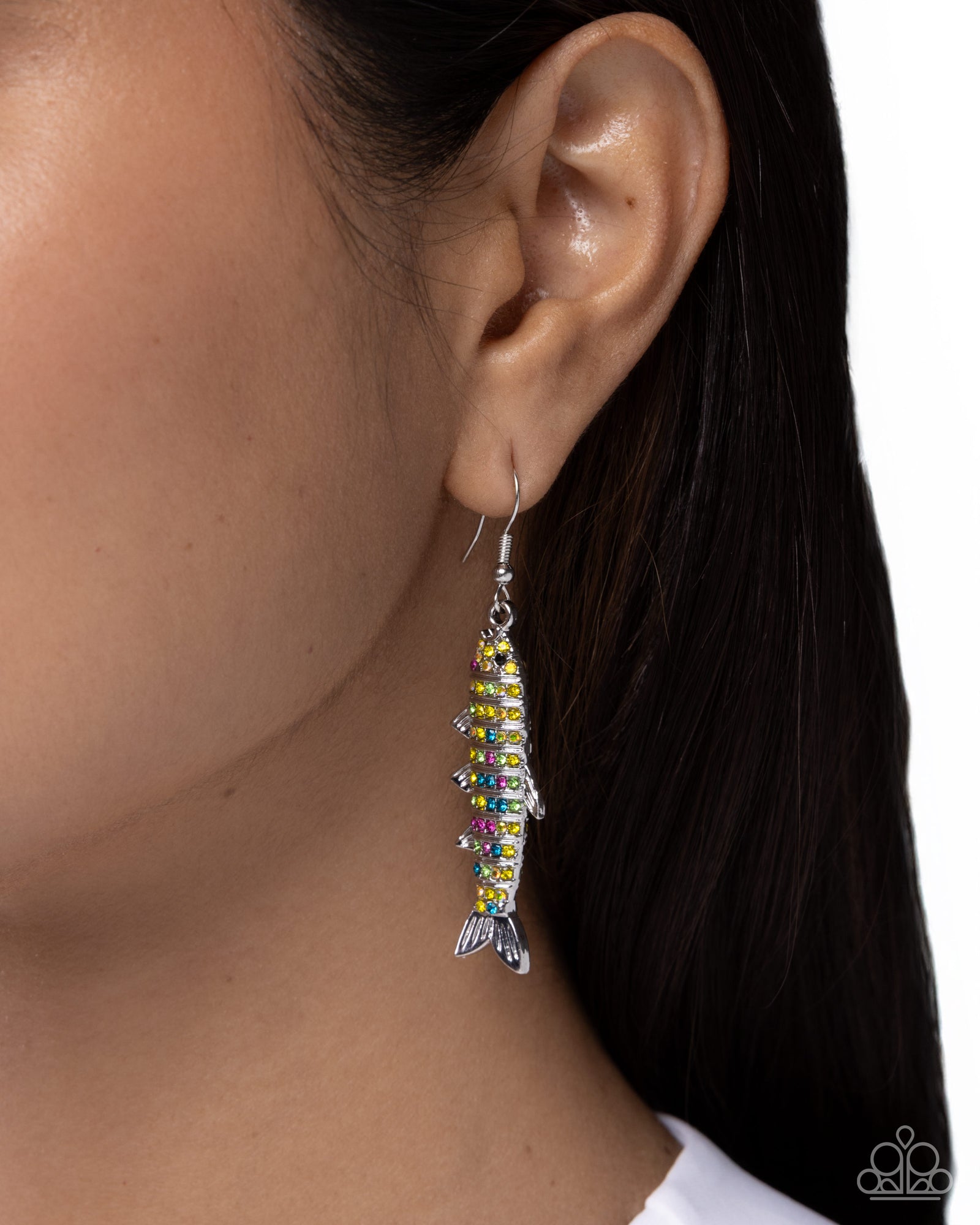 Sophisticated Sardine Multi Rhinestone Fish Earrings - Paparazzi Accessories- lightbox - CarasShop.com - Paparazzi Jewelry by Cara Jewels