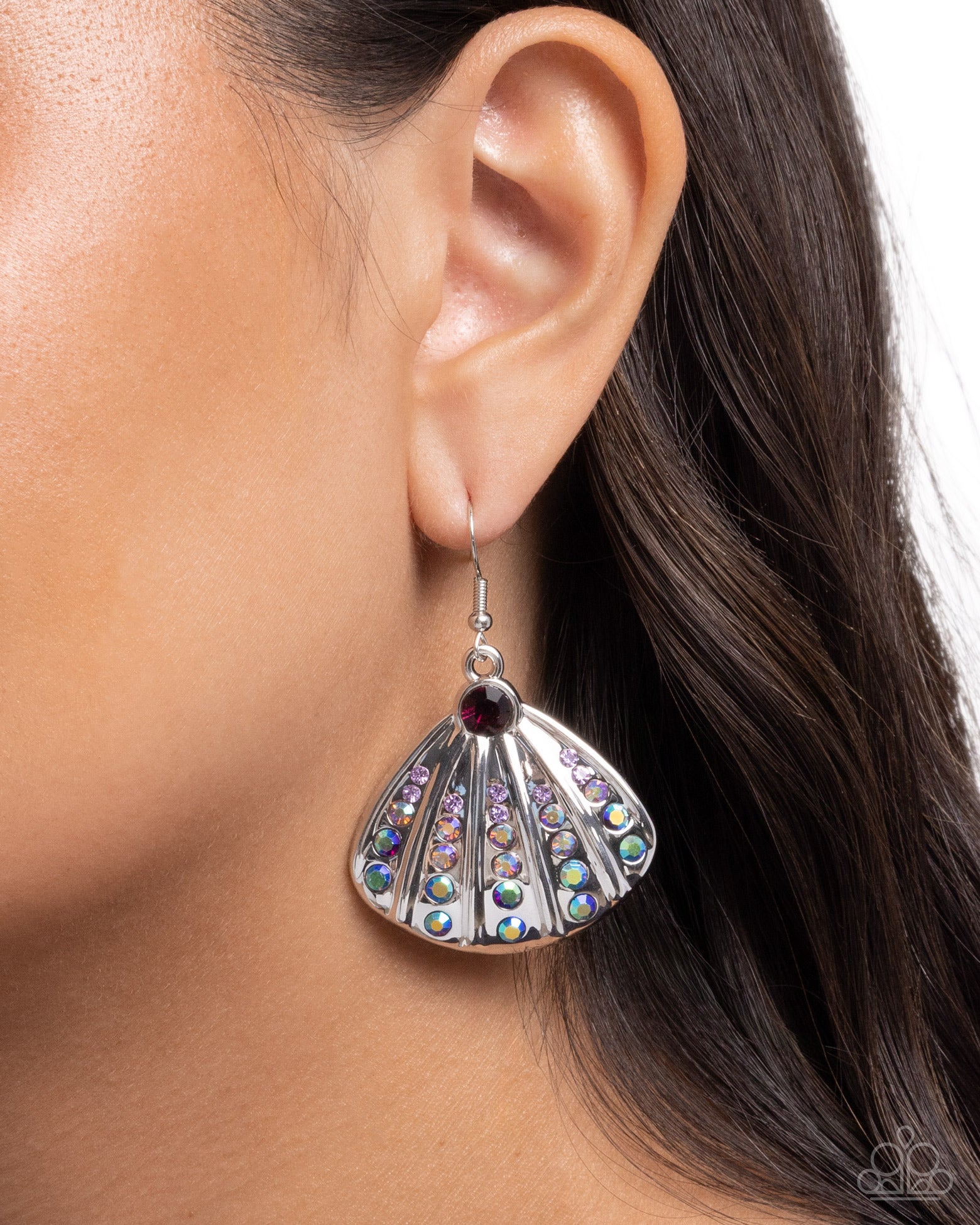 Sophisticated Seashell Purple Gem & Silver Earrings - Paparazzi Accessories- lightbox - CarasShop.com - Paparazzi Jewelry by Cara Jewels