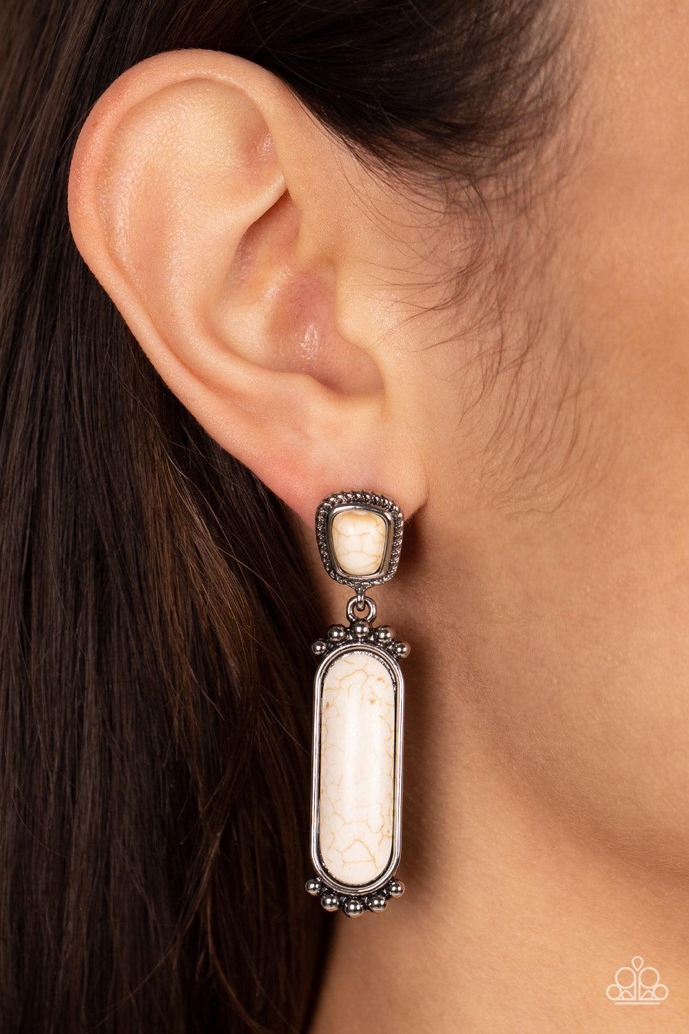 Southern Charm White Stone Earrings - Paparazzi Accessories- on model - CarasShop.com - Paparazzi Jewelry by Cara Jewels