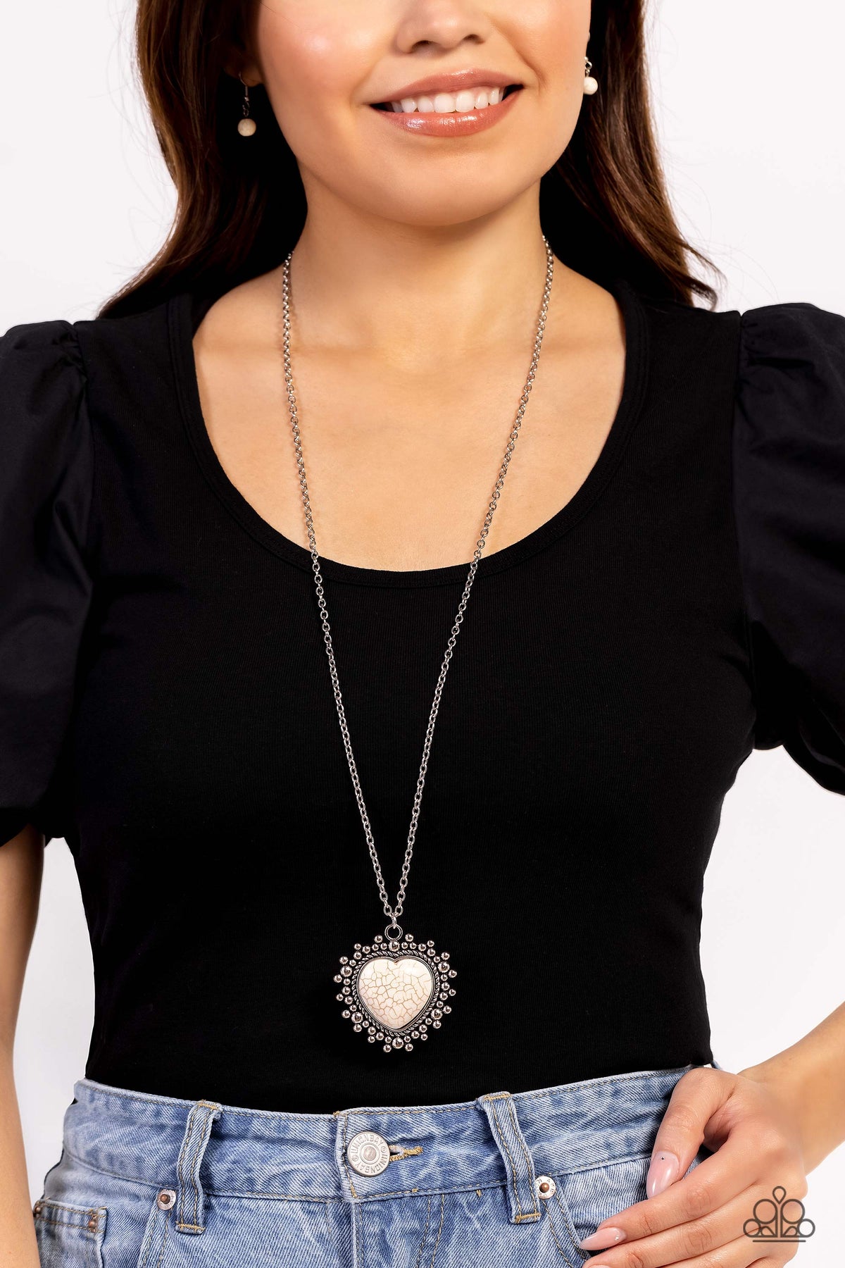 Southwestern Sentiment White Stone Heart Necklace - Paparazzi Accessories- on model - CarasShop.com - Paparazzi Jewelry by Cara Jewels