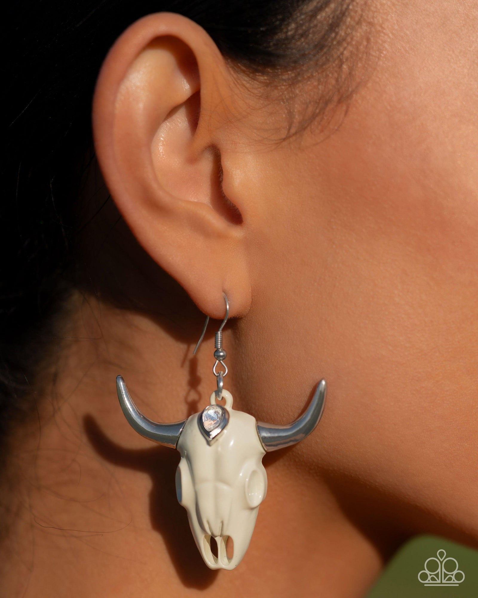 Southwestern Skull White Earrings - Paparazzi Accessories- lightbox - CarasShop.com - Paparazzi Jewelry by Cara Jewels