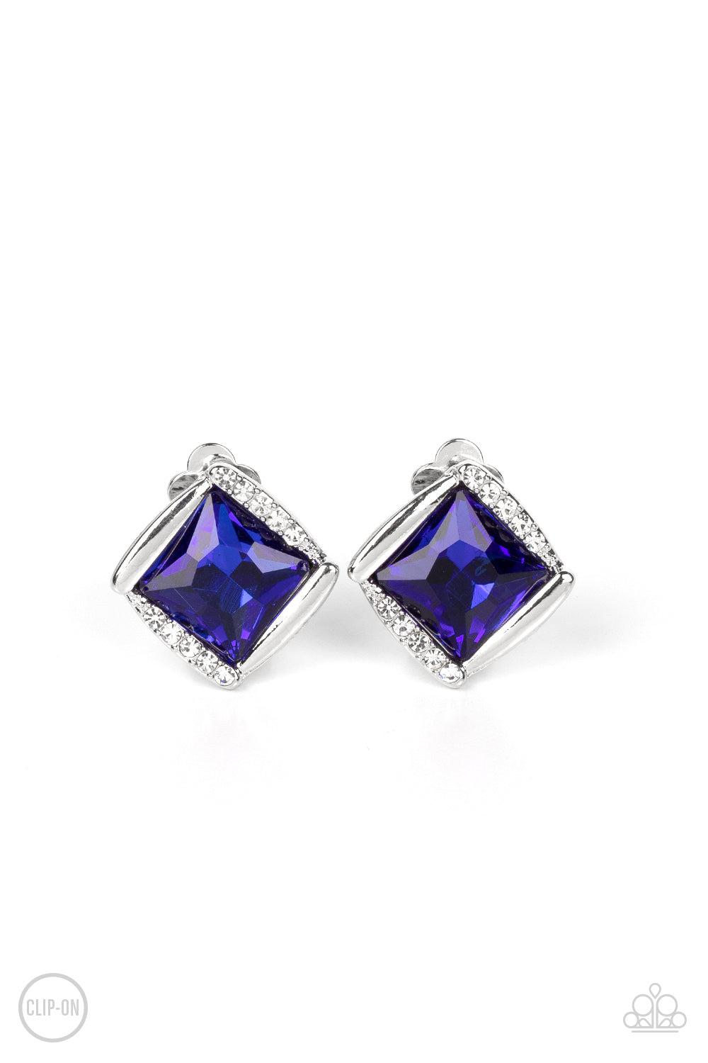 Sparkle Squared Blue & White Rhinestone Clip-on Earrings - Paparazzi Accessories- lightbox - CarasShop.com - Paparazzi Jewelry by Cara Jewels