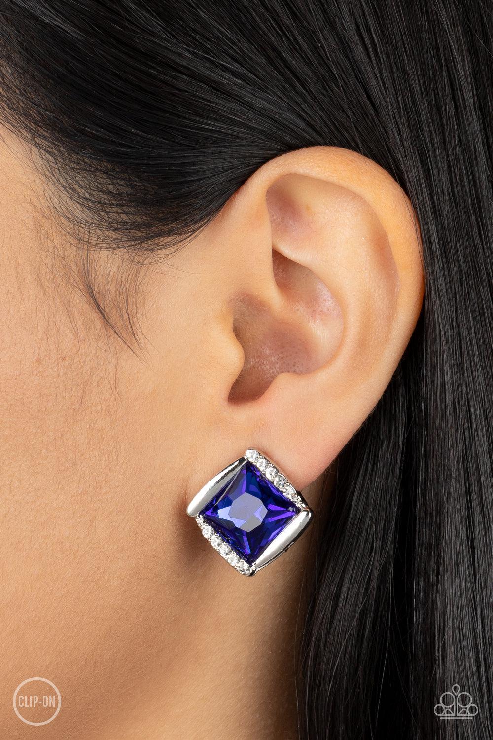 Sparkle Squared Blue & White Rhinestone Clip-on Earrings - Paparazzi Accessories- on model - CarasShop.com - Paparazzi Jewelry by Cara Jewels
