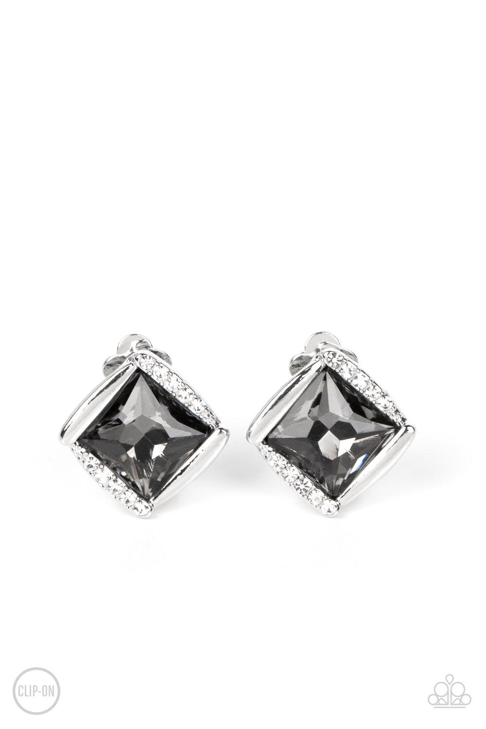 Sparkle Squared Silver Rhinestone Clip-on Earrings - Paparazzi Accessories- lightbox - CarasShop.com - Paparazzi Jewelry by Cara Jewels