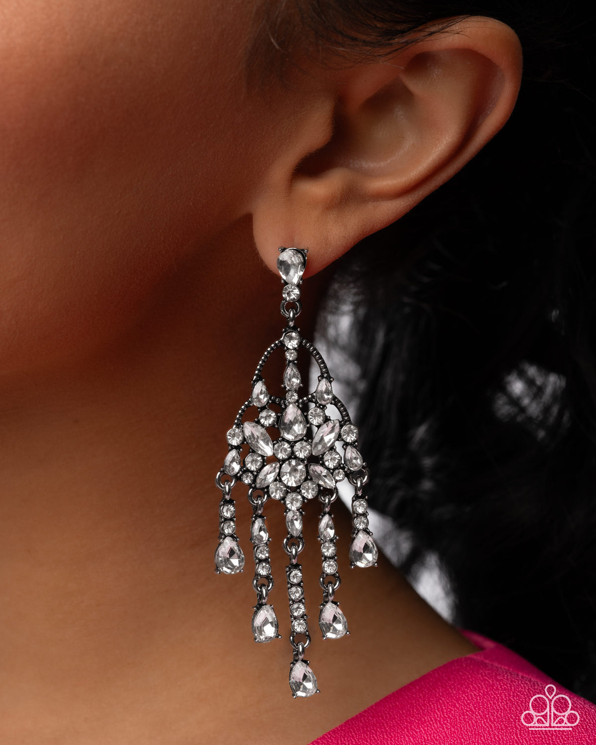 Sparkly Shimmy White Rhinestone Earrings - Paparazzi Accessories-on model - CarasShop.com - Paparazzi Jewelry by Cara Jewels