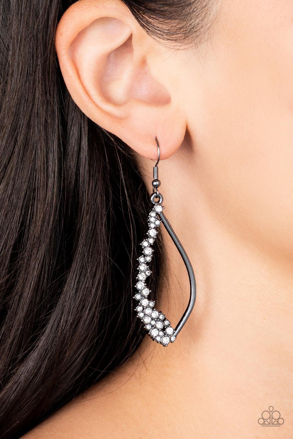 Sparkly Side Effects Gunmetal Black & White Rhinestone Earrings - Paparazzi Accessories- on model - CarasShop.com - Paparazzi Jewelry by Cara Jewels