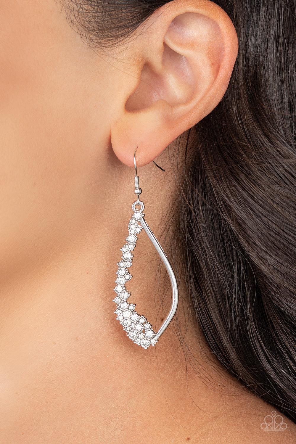 Sparkly Side Effects White Rhinestone Earrings - Paparazzi Accessories- on model - CarasShop.com - Paparazzi Jewelry by Cara Jewels