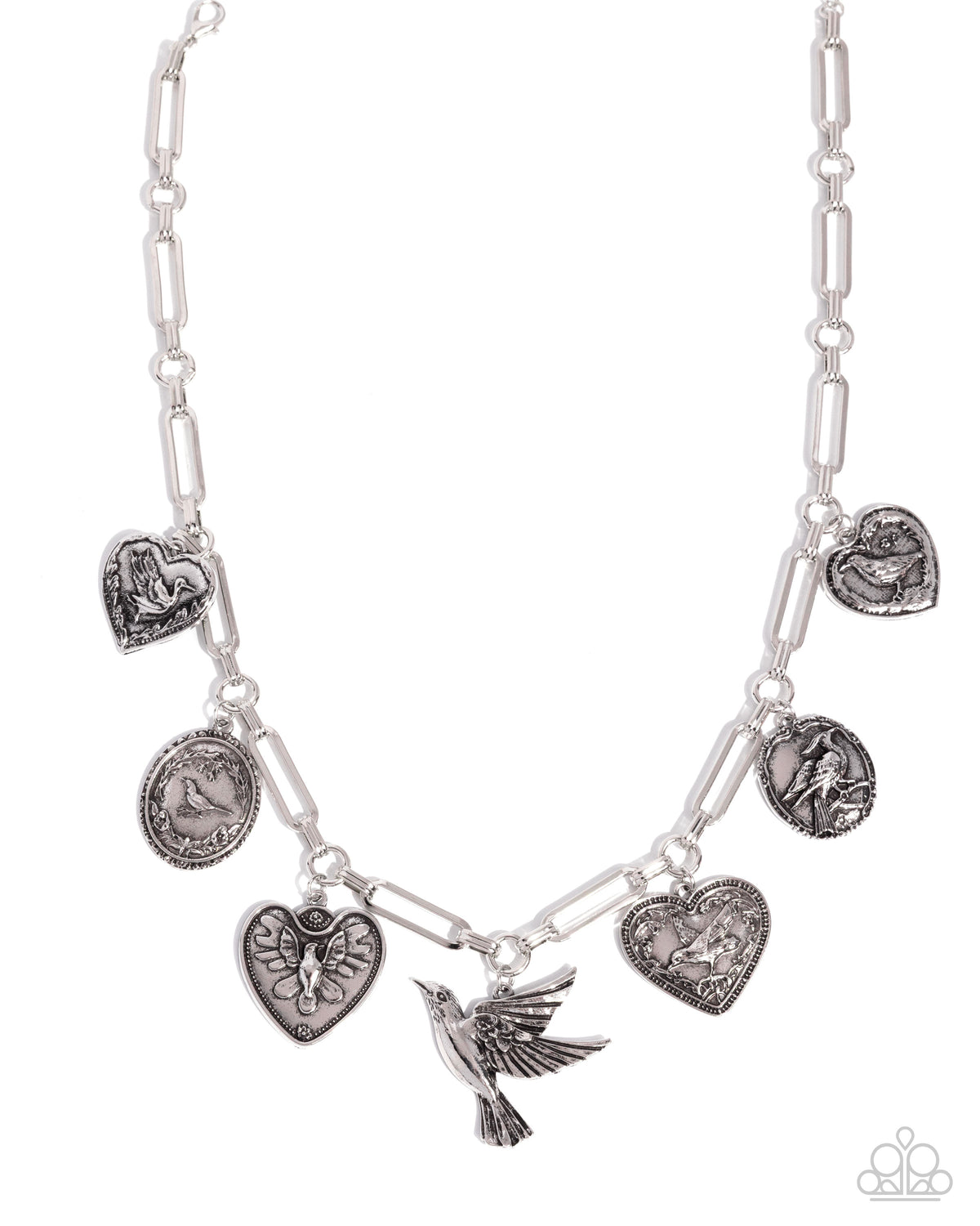Sparrow Social Silver Heart Charm Necklace - Paparazzi Accessories- lightbox - CarasShop.com - Paparazzi Jewelry by Cara Jewels