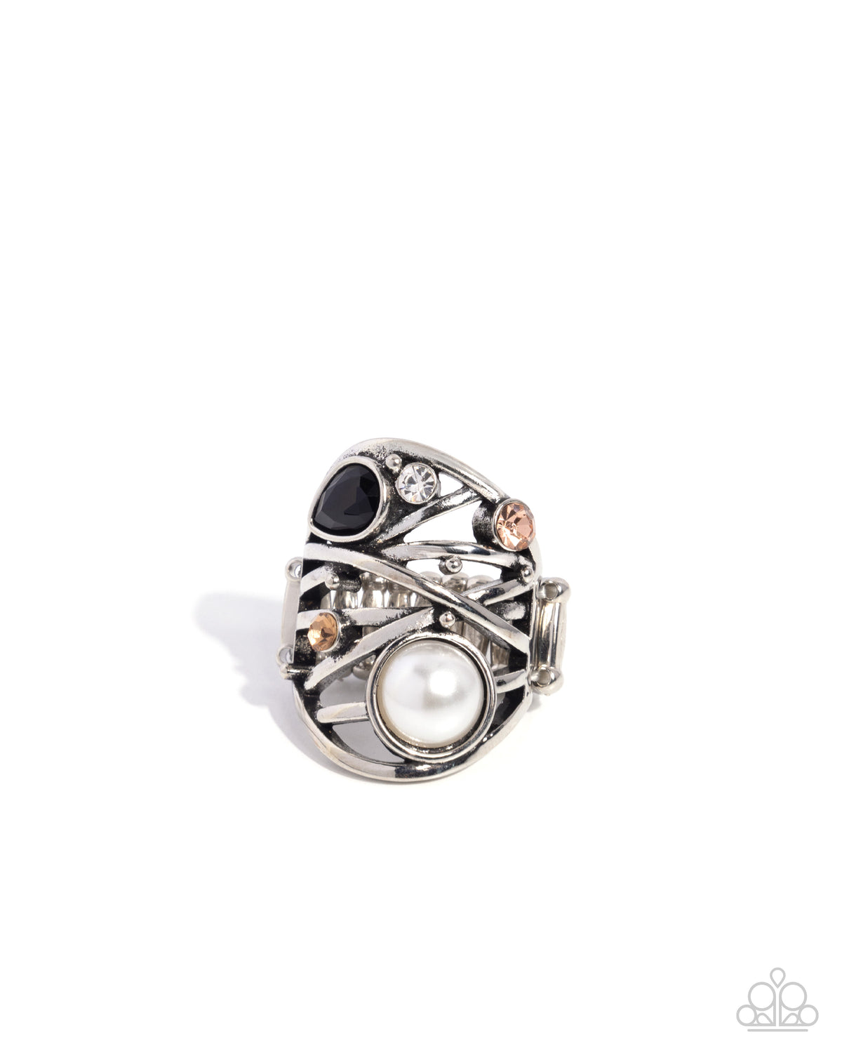 Specific Sovereign Black Gem & White Pearl Ring - Paparazzi Accessories- lightbox - CarasShop.com - Paparazzi Jewelry by Cara Jewels