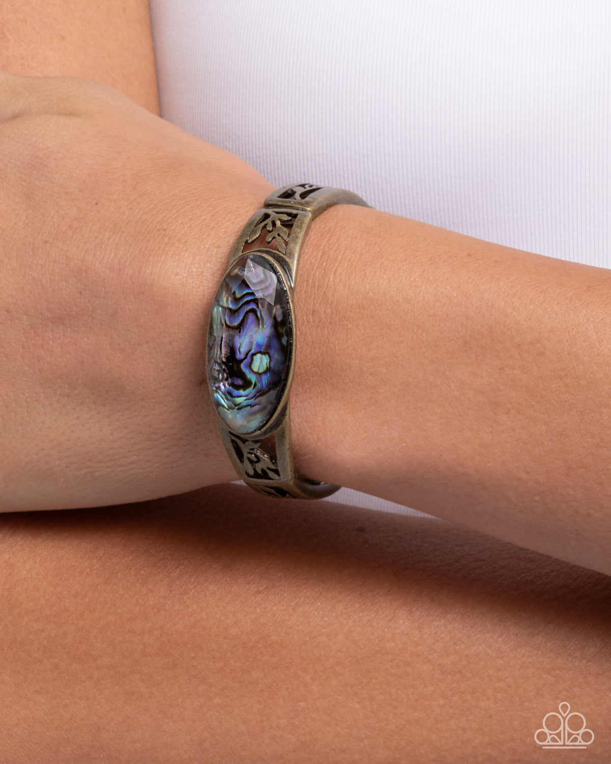 Spliced Santa Fe Brass & Abalone Shell Bracelet - Paparazzi Accessories- on model - CarasShop.com - Paparazzi Jewelry by Cara Jewels