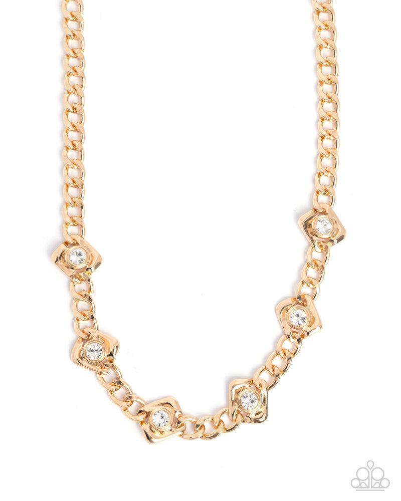 Square Silhouette Gold & White Rhinestone Necklace - Paparazzi Accessories- lightbox - CarasShop.com - Paparazzi Jewelry by Cara Jewels