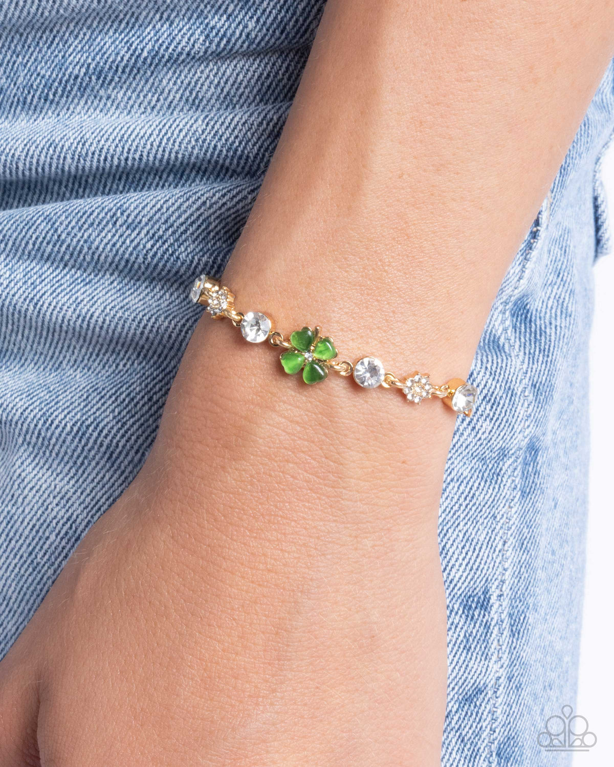 St. Patricks Pizzazz Green & Gold Shamrock Bracelet - Paparazzi Accessories- on model - CarasShop.com - Paparazzi Jewelry by Cara Jewels