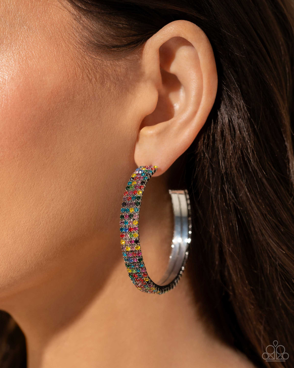 Stacked Symmetry Multi Rhinestone Hoop Earrings - Paparazzi Accessories- on model - CarasShop.com - Paparazzi Jewelry by Cara Jewels