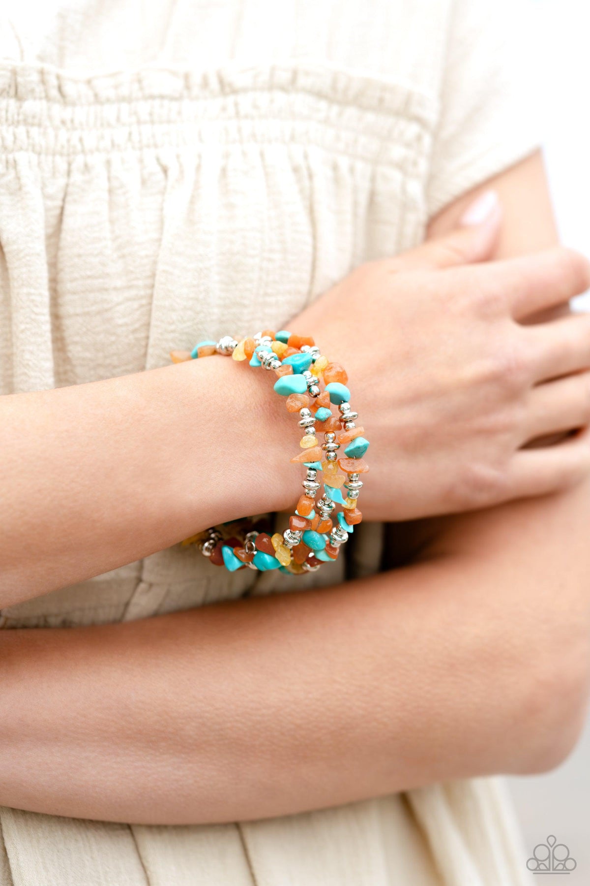 Stacking Stones Orange & Multi Stone Coil Bracelet - Paparazzi Accessories- on model - CarasShop.com - Paparazzi Jewelry by Cara Jewels