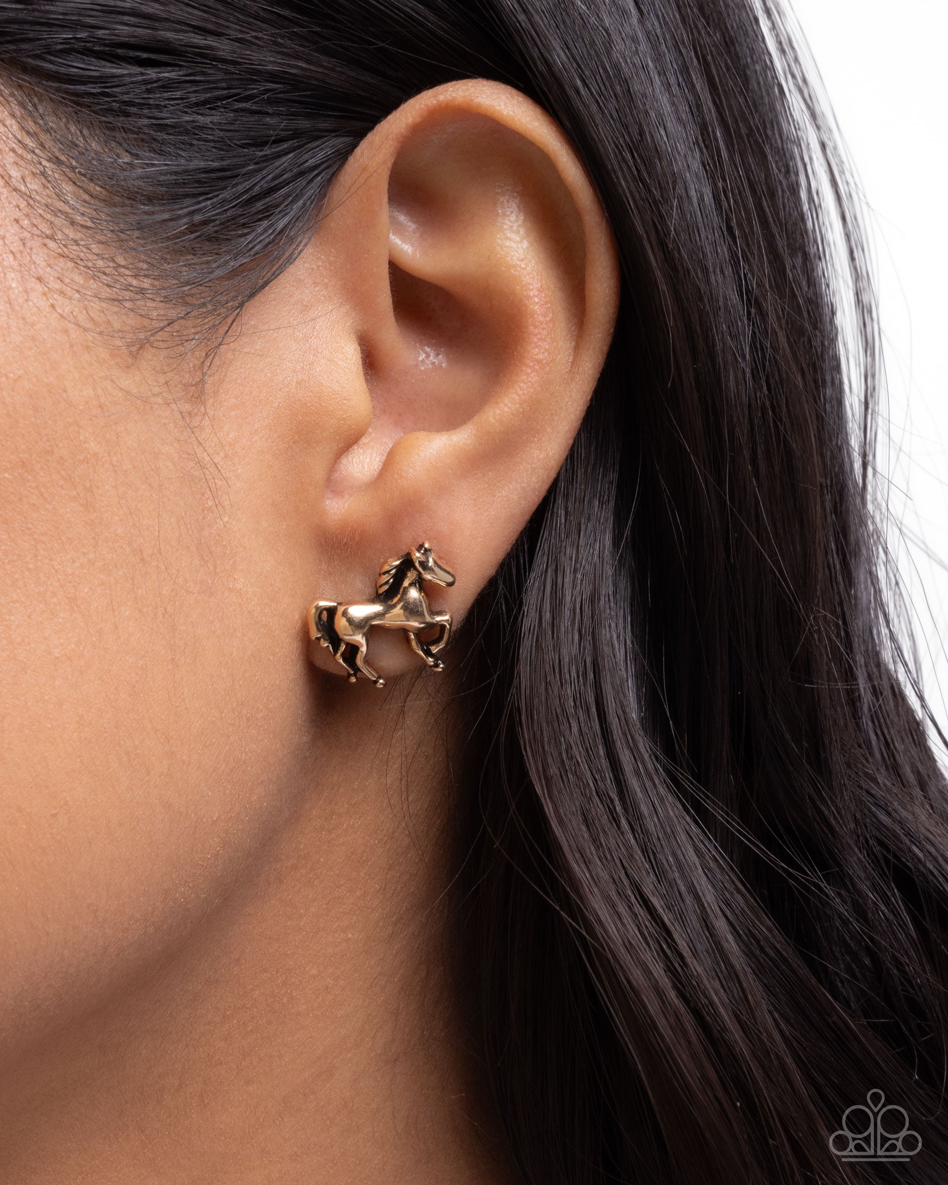 Stallion Selfie Gold Horse Post Earrings - Paparazzi Accessories- lightbox - CarasShop.com - Paparazzi Jewelry by Cara Jewels