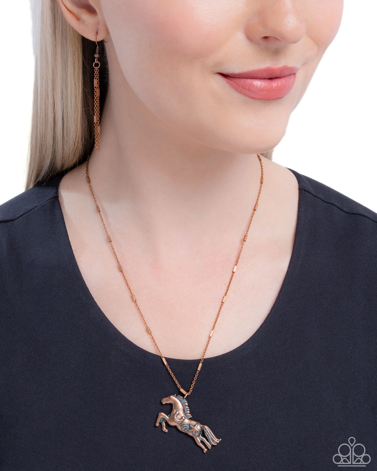 Stallion Spotlight Copper Horse Necklace - Paparazzi Accessories- on model - CarasShop.com - Paparazzi Jewelry by Cara Jewels