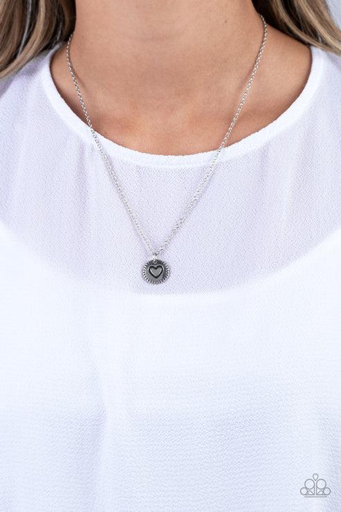 Stamped Sentiment Silver Necklace - Paparazzi Accessories-on model - CarasShop.com - Paparazzi Jewelry by Cara Jewels