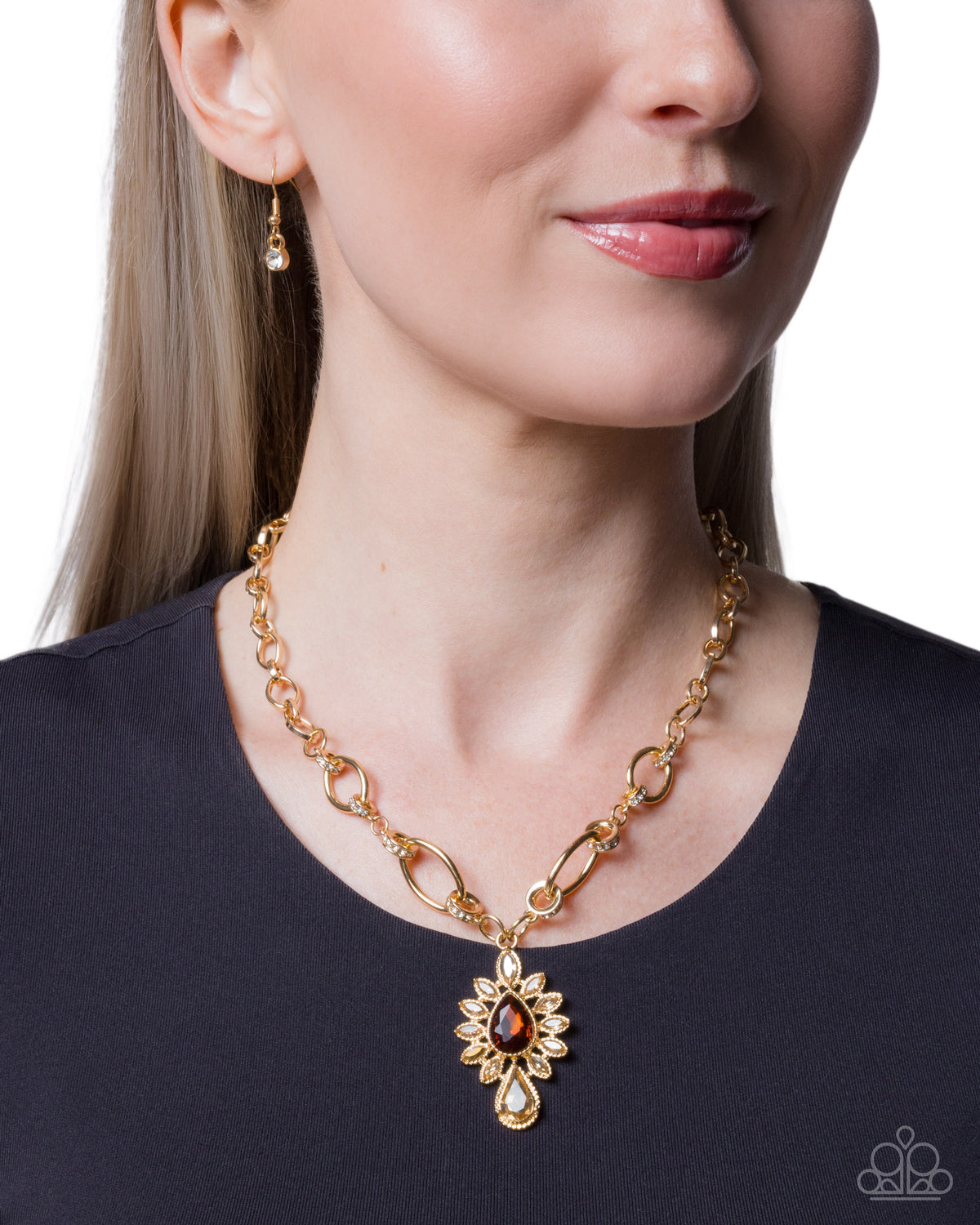 Standout Strut Brown Gem & Gold Necklace - Paparazzi Accessories-on model - CarasShop.com - Paparazzi Jewelry by Cara Jewels