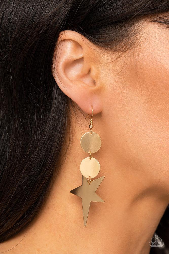 Star Bizarre Gold Earrings - Paparazzi Accessories- on model - CarasShop.com - Paparazzi Jewelry by Cara Jewels