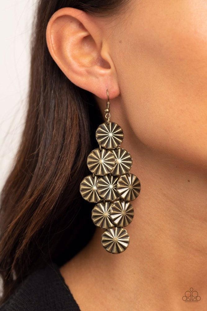 Star Spangled Shine Brass Earrings - Paparazzi Accessories- on model - CarasShop.com - Paparazzi Jewelry by Cara Jewels