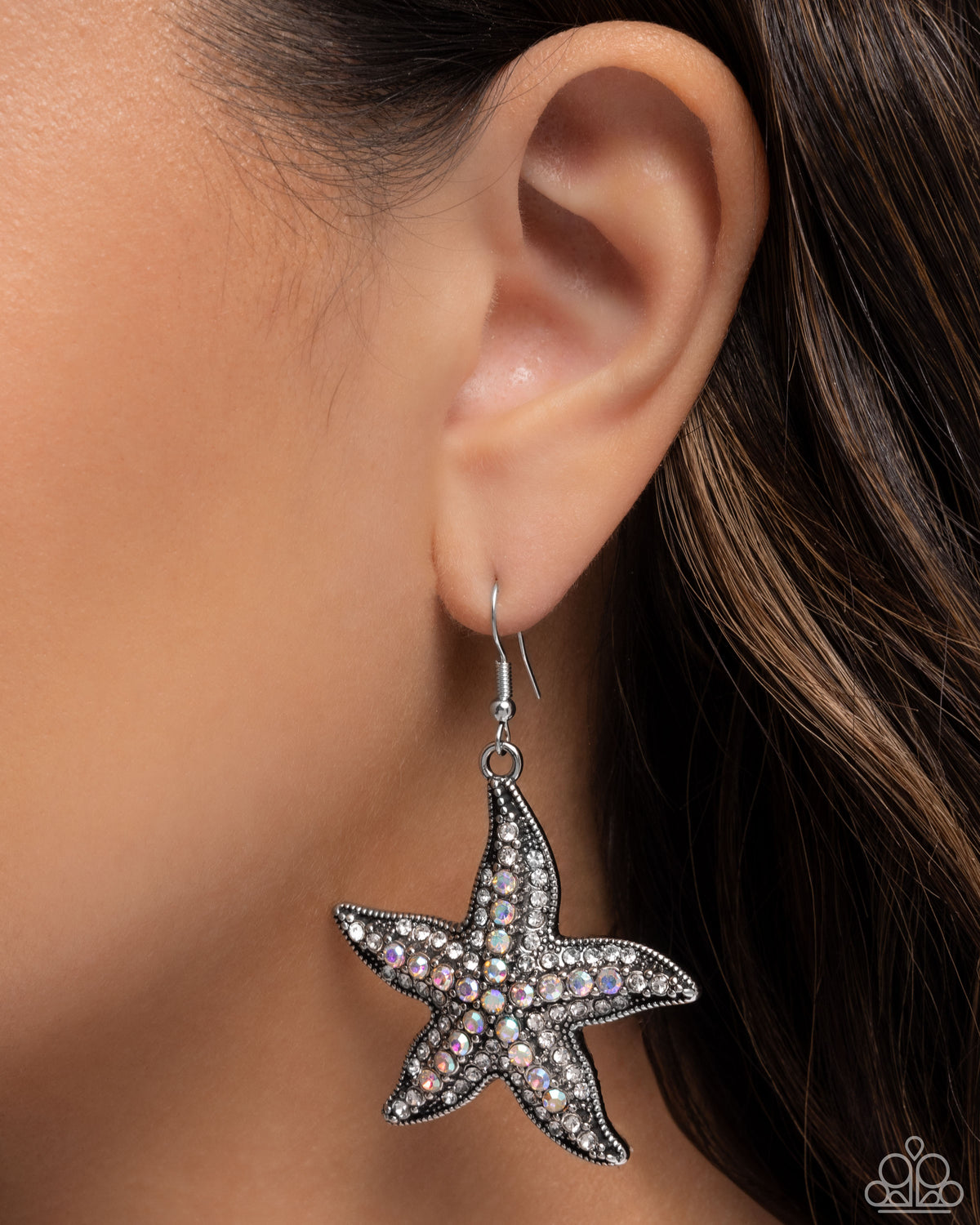 Starfish Spectacle White Rhinestone Earrings - Paparazzi Accessories- on model - CarasShop.com - Paparazzi Jewelry by Cara Jewels