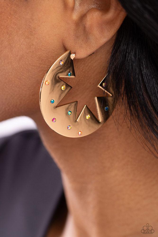 Starry Sensation Gold Earrings - Paparazzi Accessories- on model - CarasShop.com - Paparazzi Jewelry by Cara Jewels