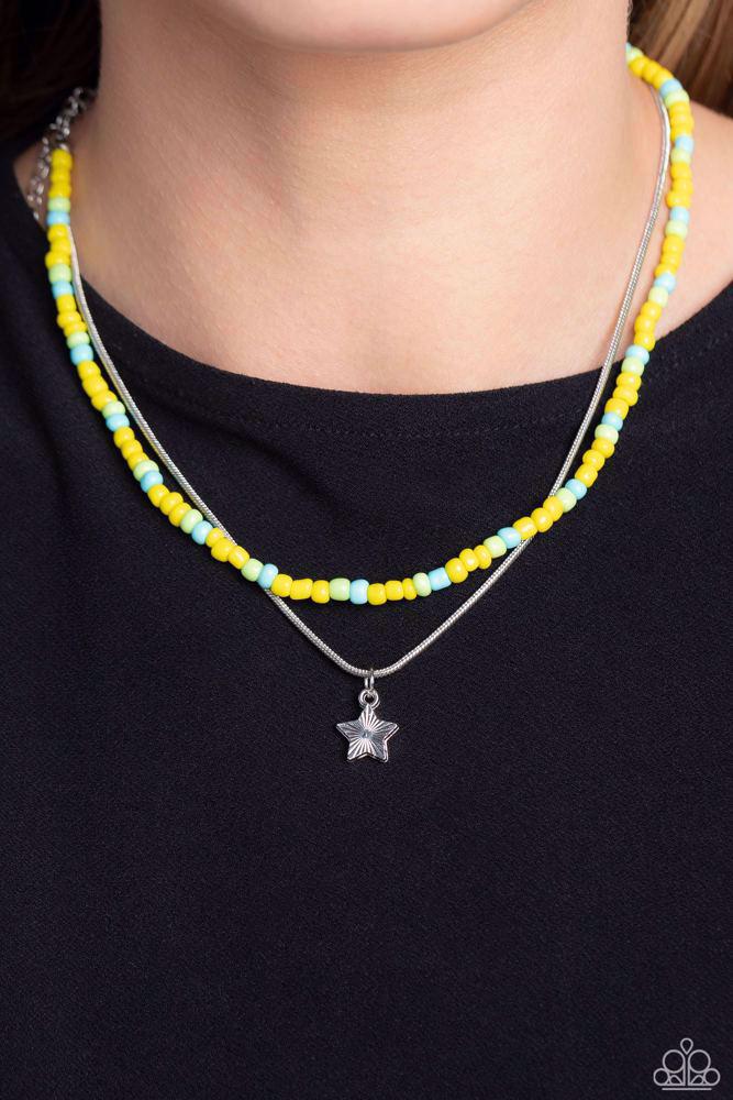 Starry Serendipity Yellow Necklace - Paparazzi Accessories-on model - CarasShop.com - Paparazzi Jewelry by Cara Jewels