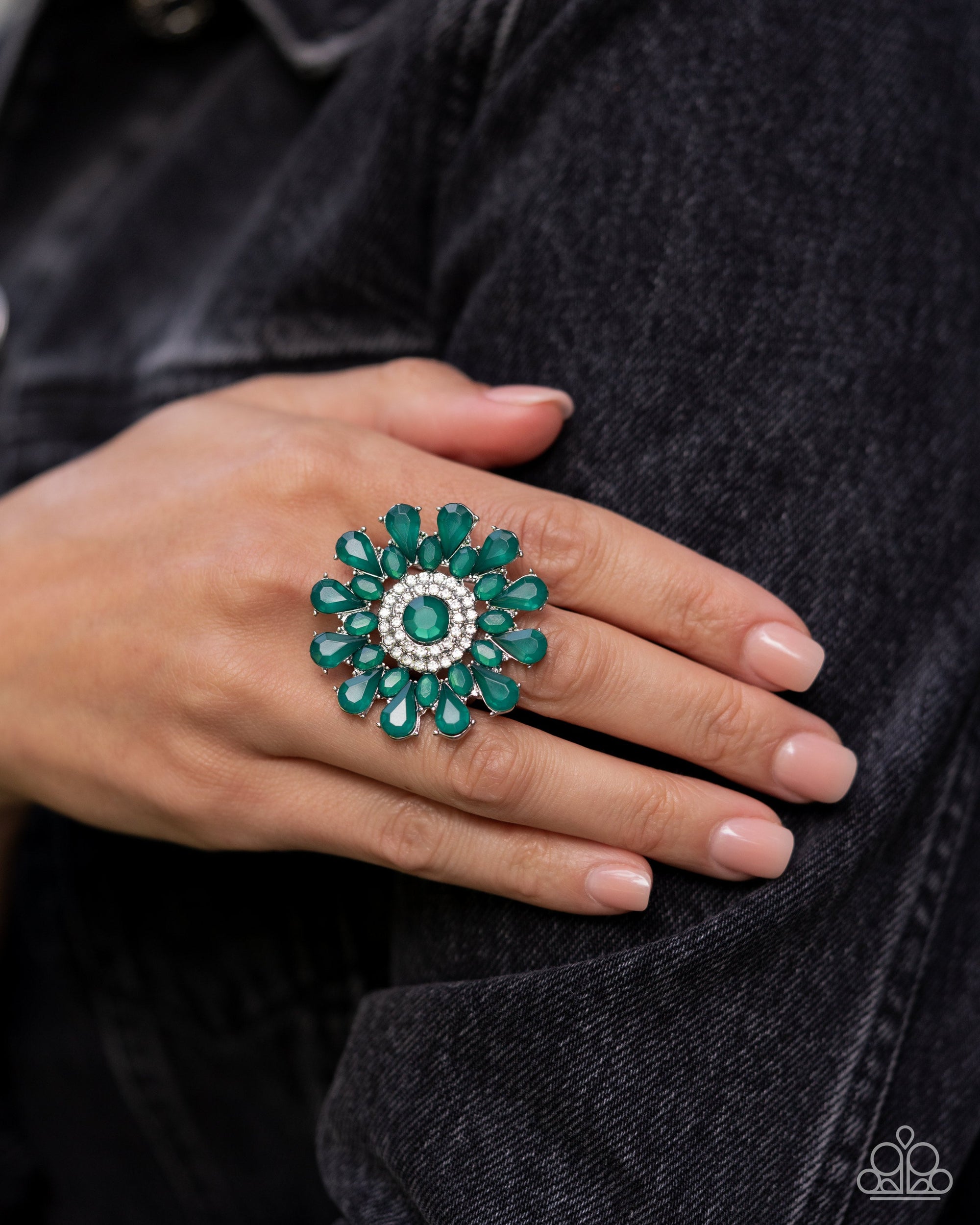 Steady Shimmer Green Rhinestone Ring - Paparazzi Accessories- lightbox - CarasShop.com - Paparazzi Jewelry by Cara Jewels