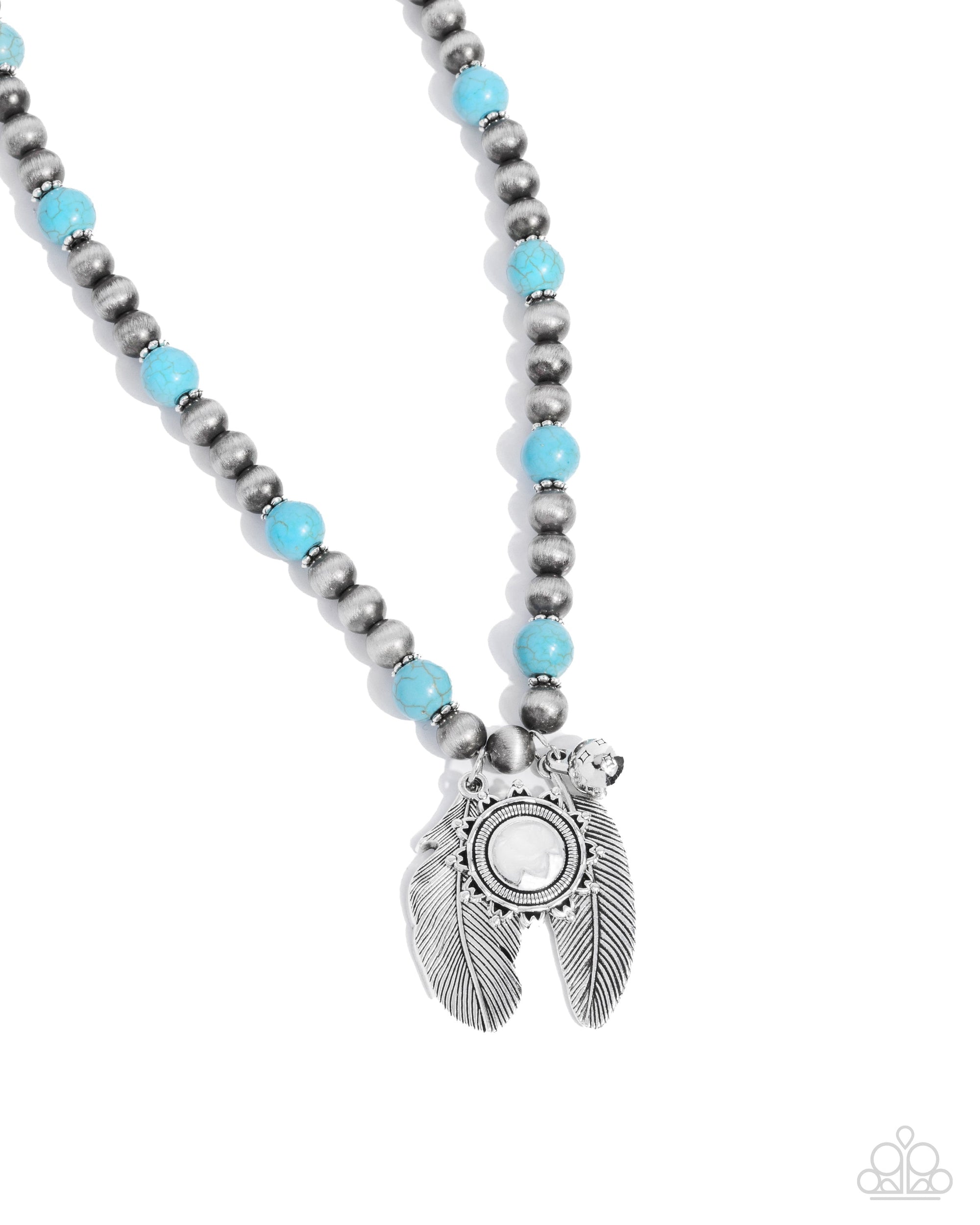 Steady Stones Turquoise Blue Stone, Navajo Pearl & Silver Feather Necklace - Paparazzi Accessories- lightbox - CarasShop.com - Paparazzi Jewelry by Cara Jewels