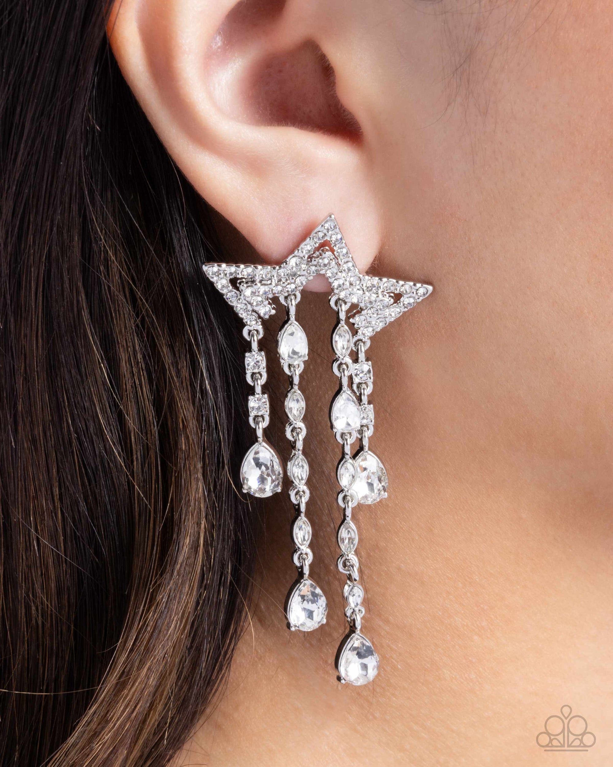 Stellar Scale White Rhinestone Star Earrings - Paparazzi Accessories- lightbox - CarasShop.com - Paparazzi Jewelry by Cara Jewels