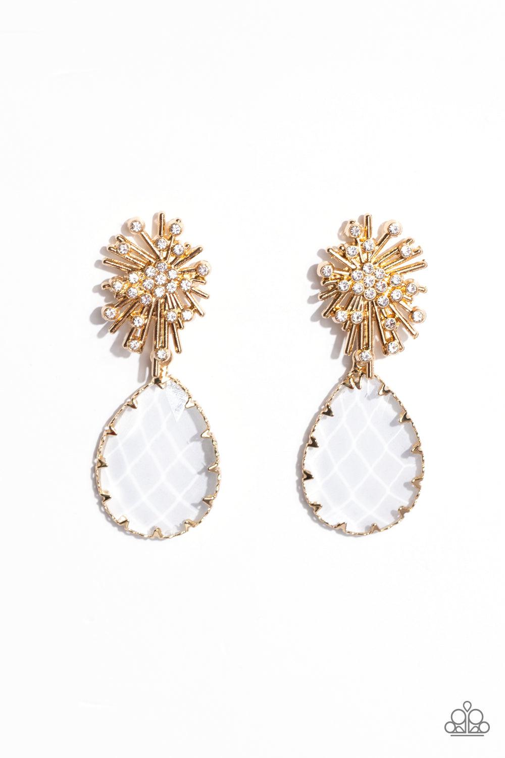 Stellar Shooting Star Gold & White Gem Earrings - Paparazzi Accessories- lightbox - CarasShop.com - Paparazzi Jewelry by Cara Jewels